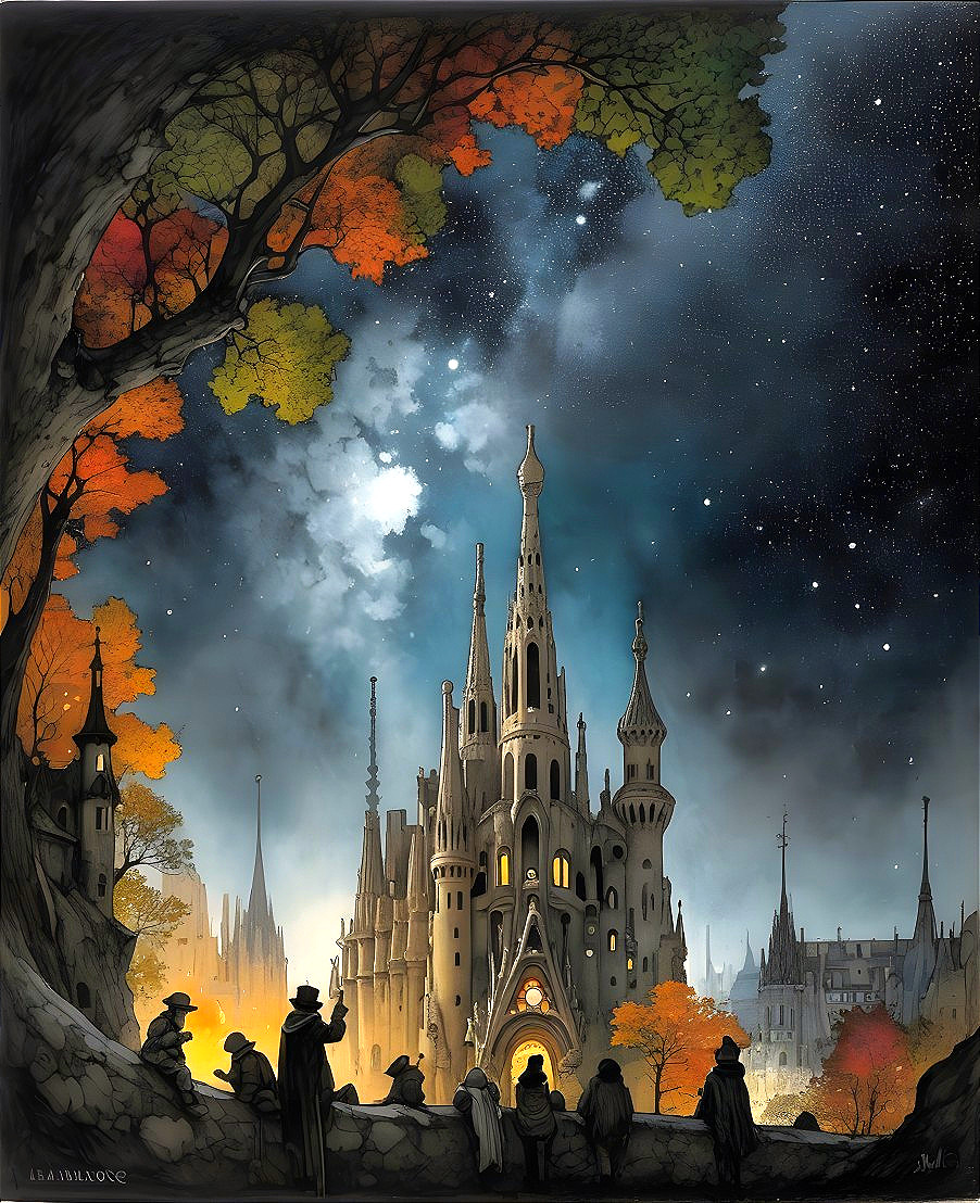 Mystical castle under starry sky with autumn trees