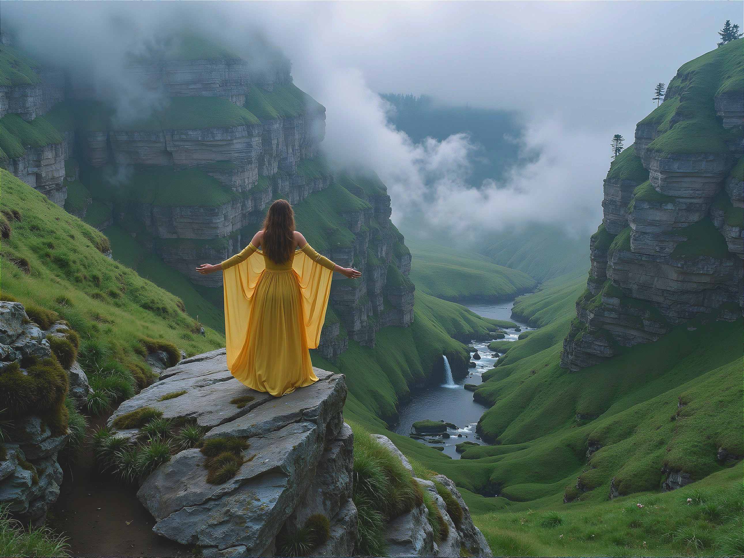 Woman in Yellow Dress Overlooking Lush Valley and Cliffs