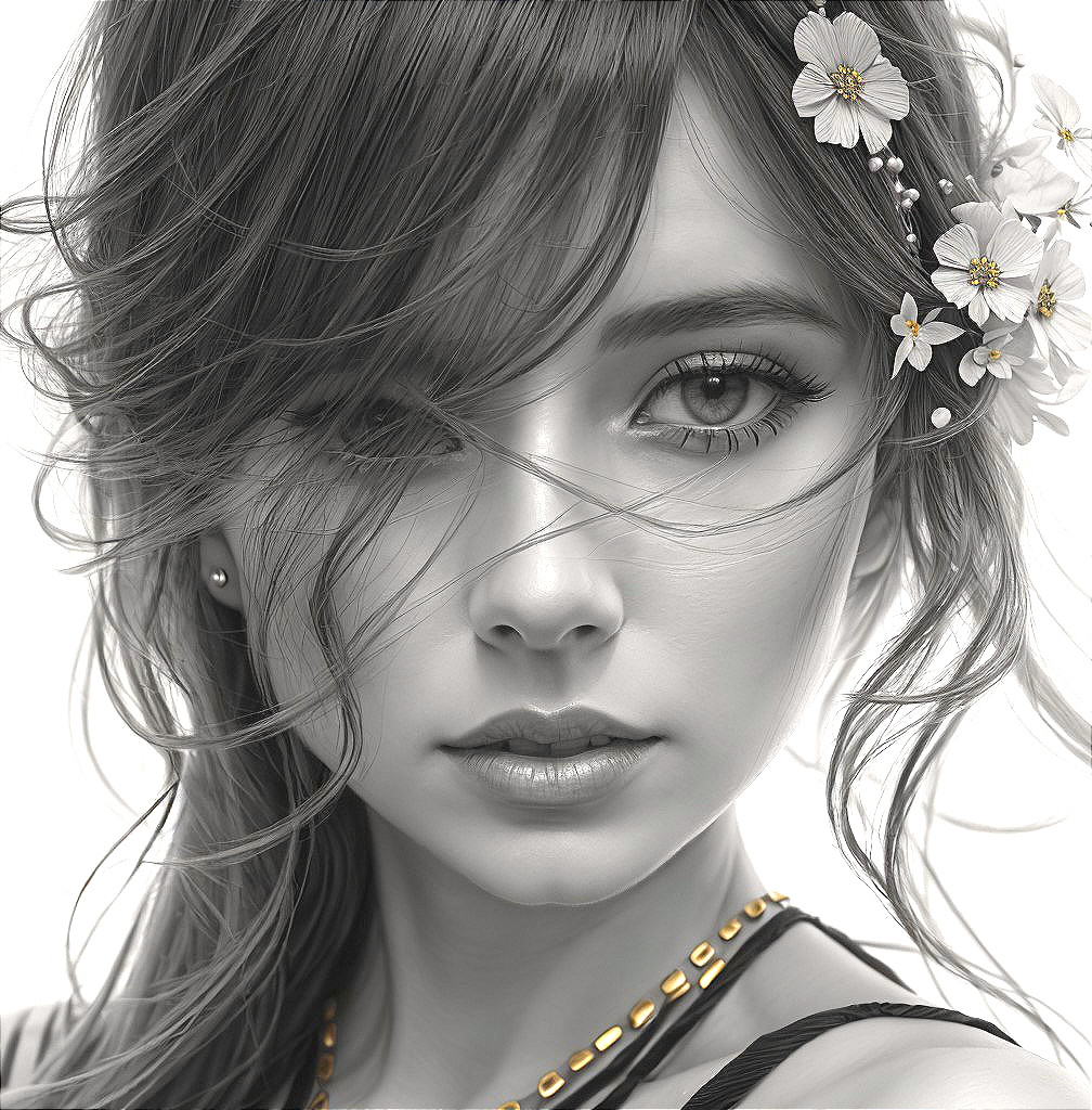 Monochrome Portrait of a Young Woman with Flowers