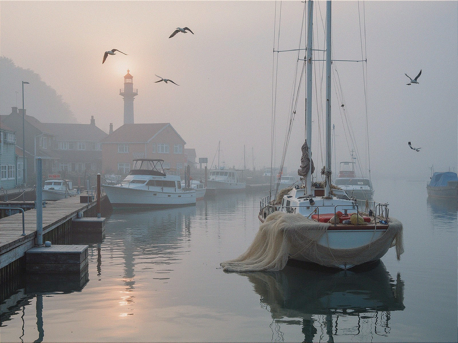 Serene Harbor Scene with Sailboat and Lighthouse