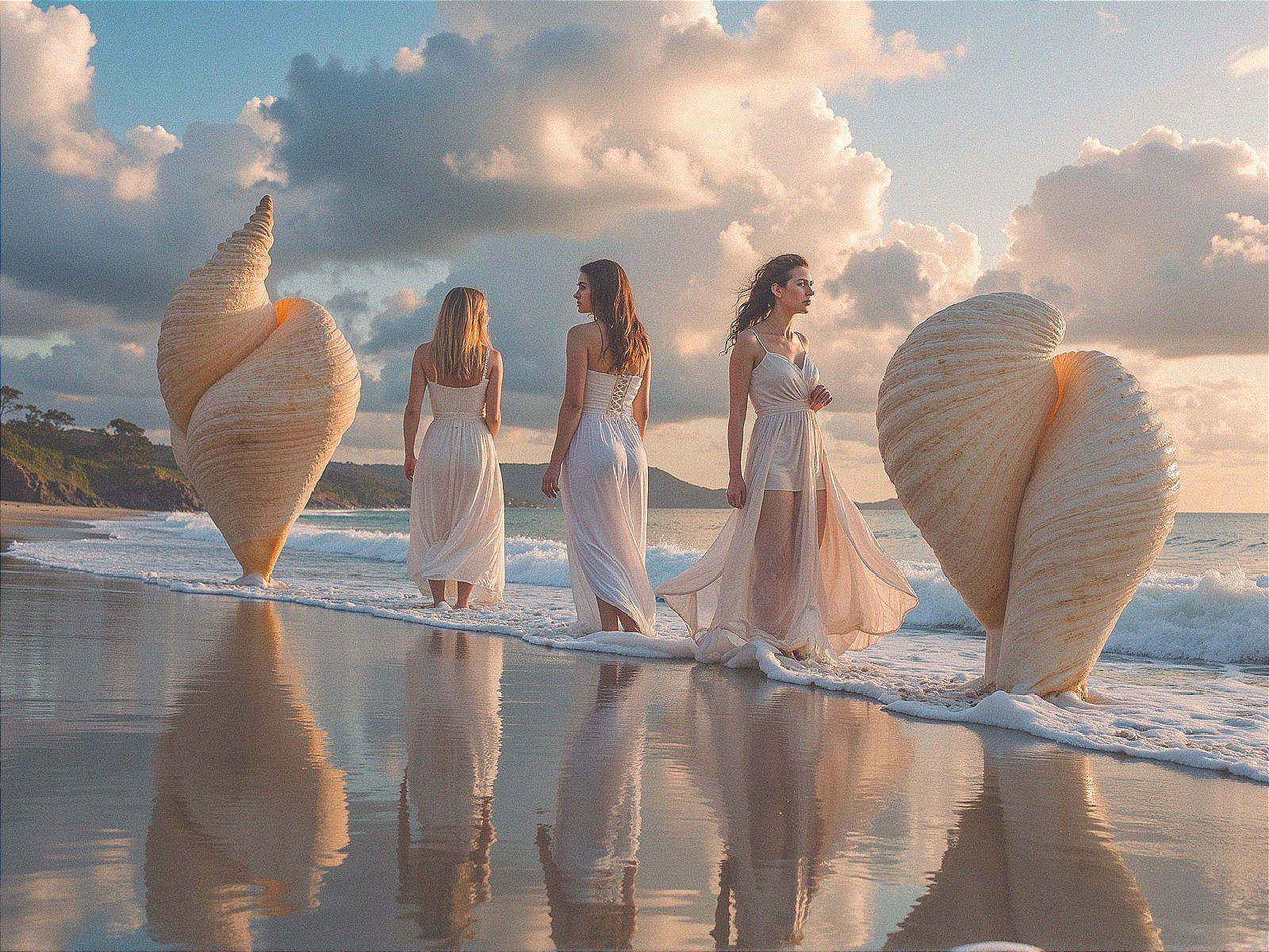 Women in White Dresses on a Serene Beach at Sunset