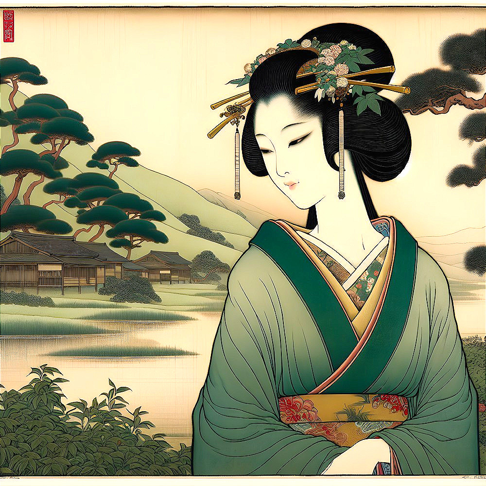 Japanese Woman in Kimono by Tranquil Landscape