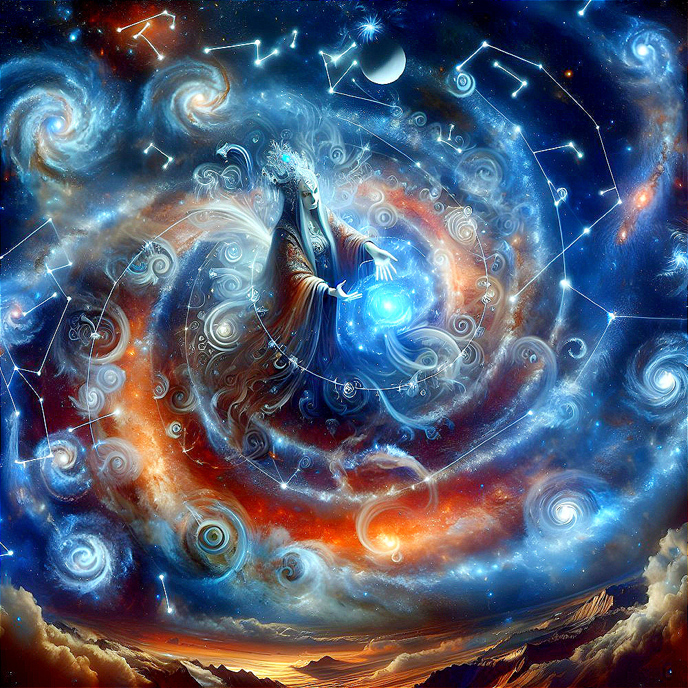 Celestial Figure with Glowing Orb in Cosmic Scene