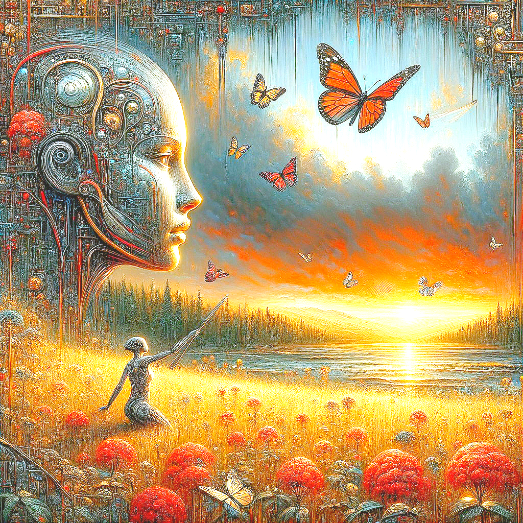 Surreal Landscape with Robotic Figure and Sunset