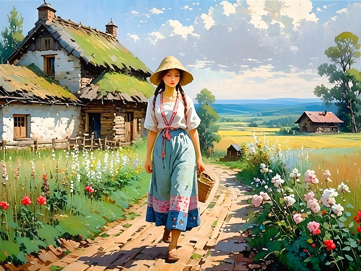 Young Woman in Traditional Attire on Rustic Path