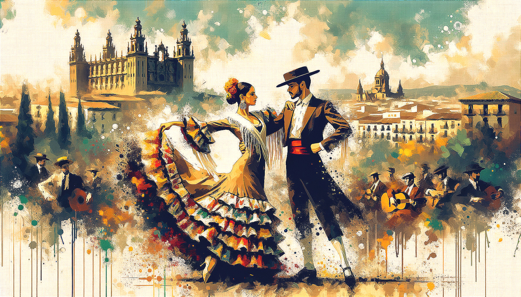 Flamenco Dance Duo in Watercolor with Historic Backdrop