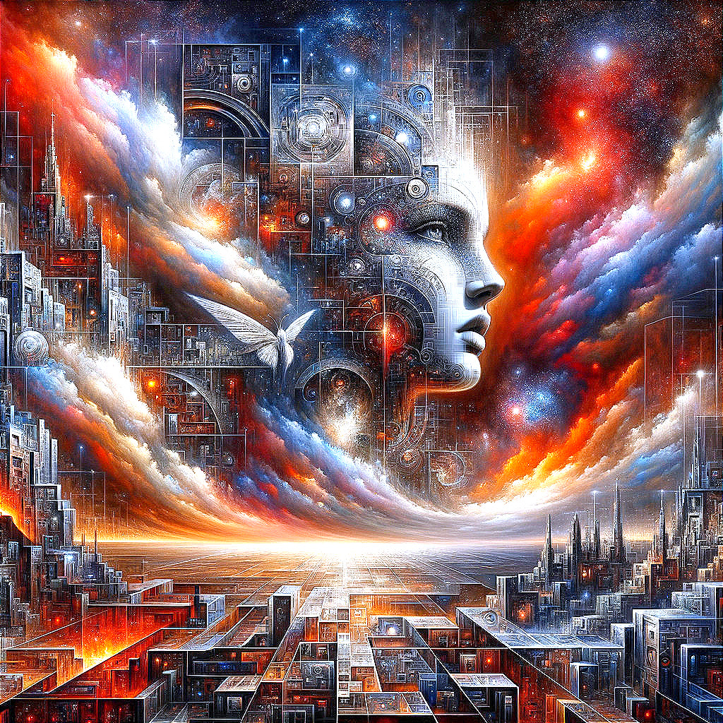 Surreal Cosmic Landscape with Ethereal Face and Dove
