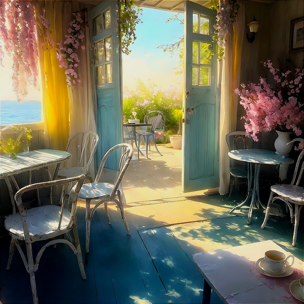 Cozy café with open pastel blue doors and flowers
