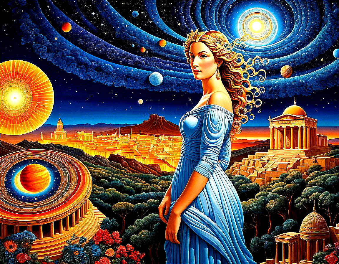 Woman in Blue Dress Against Cosmic Backdrop