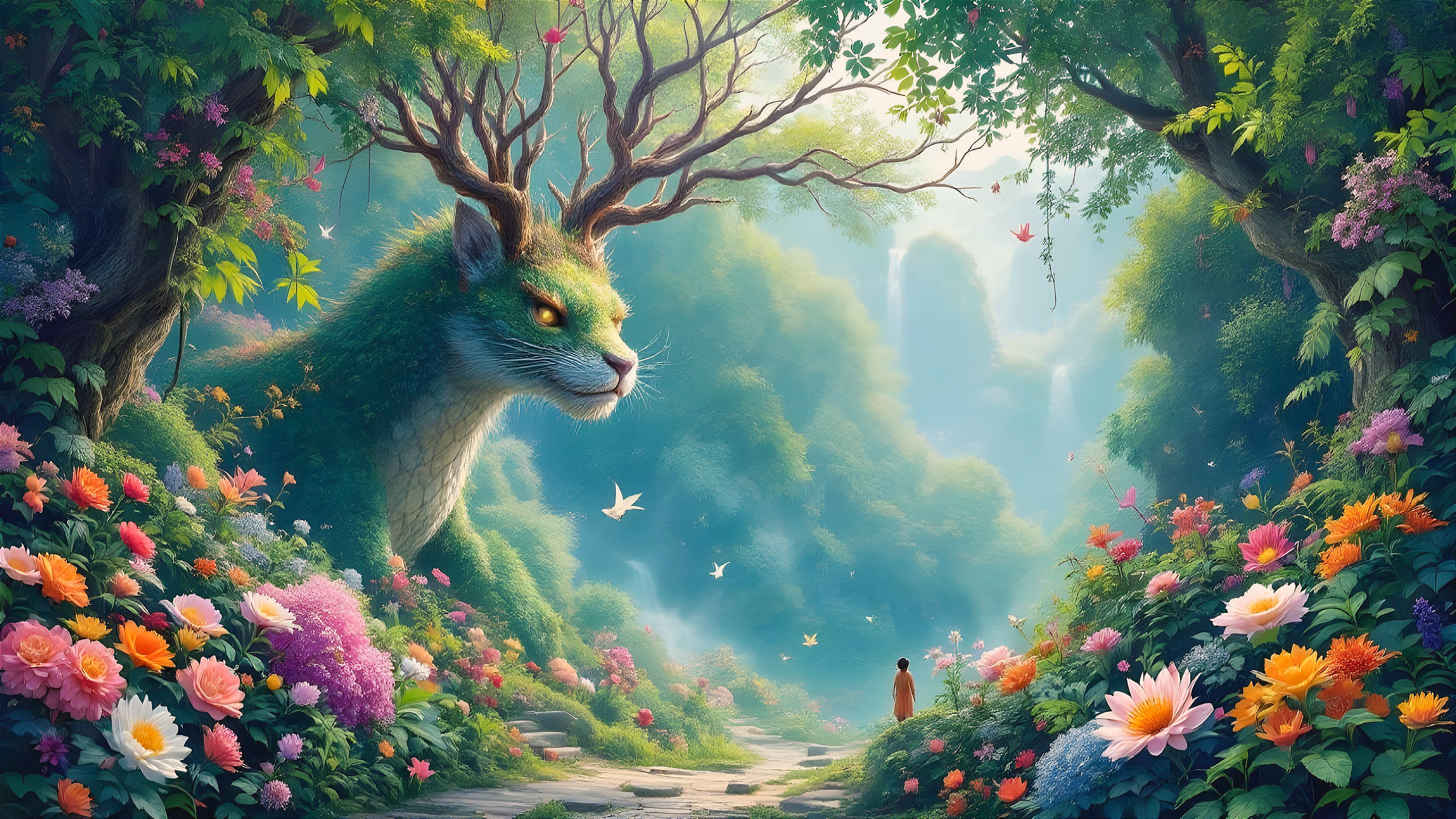 Colossal creature in a vibrant, enchanted forest scene