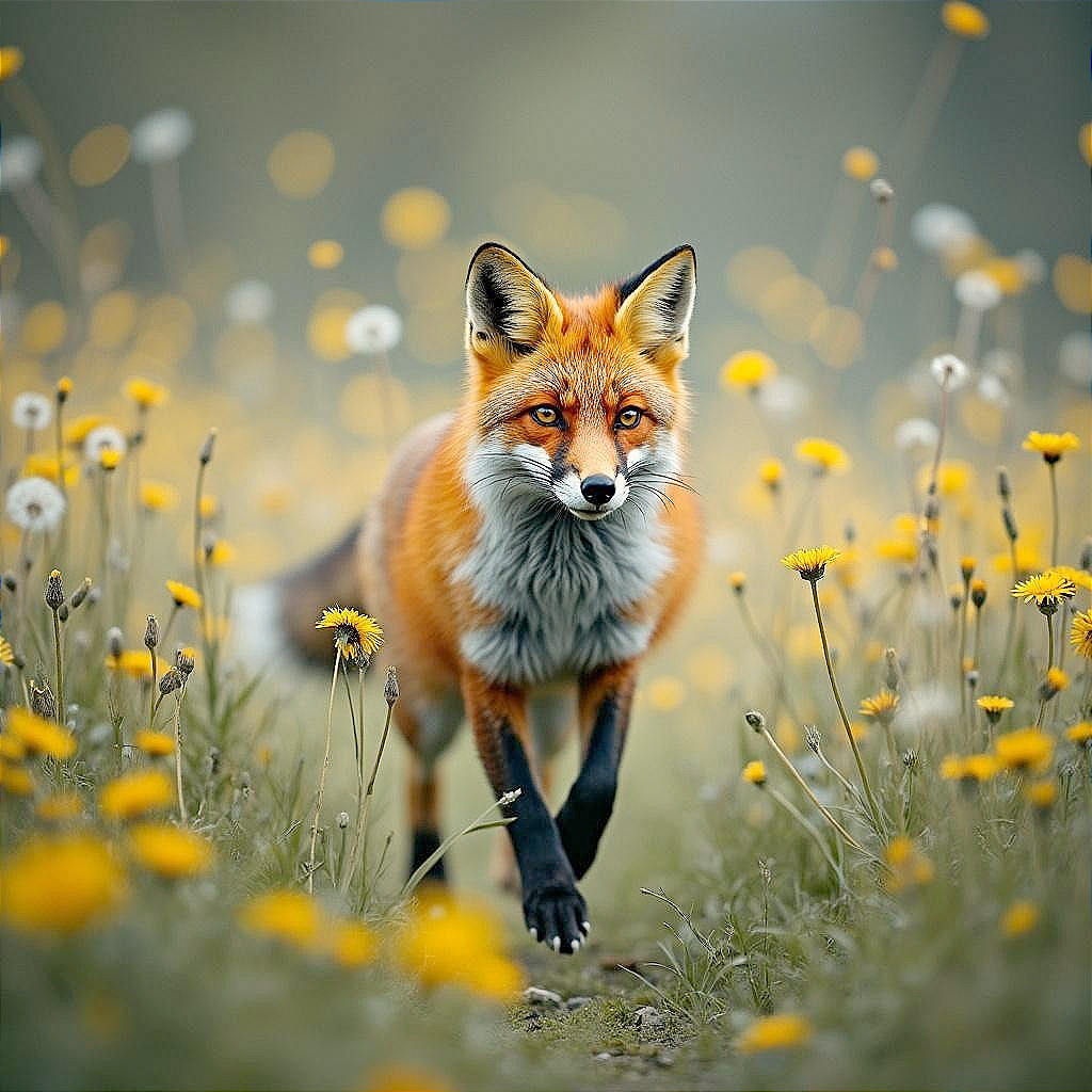 Red fox in vibrant field of yellow dandelions