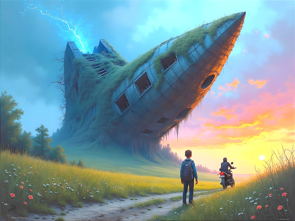 Young traveler in a lush field with futuristic structure