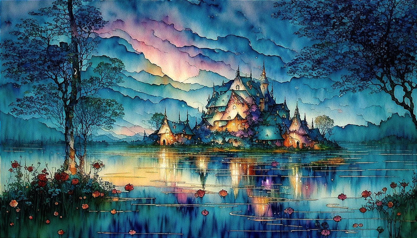 Watercolor Landscape with Castle and Tranquil Lake