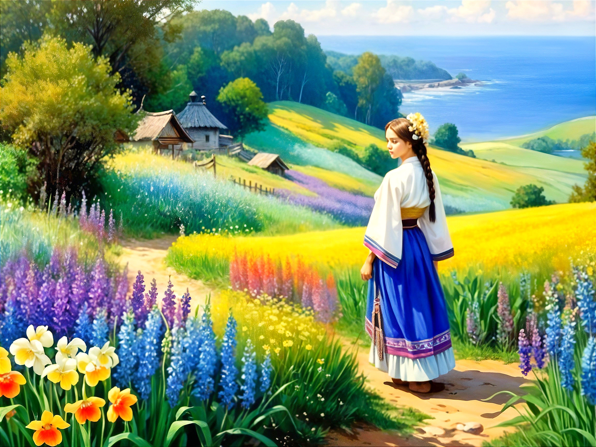 Vibrant Flower Field with Cottage by the Sea