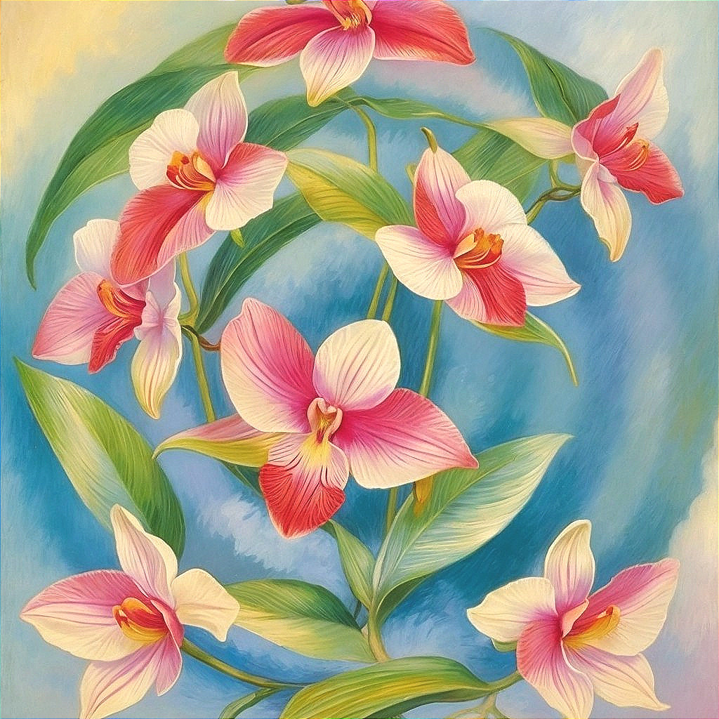 Vibrant Pink and White Orchids on Blue Background