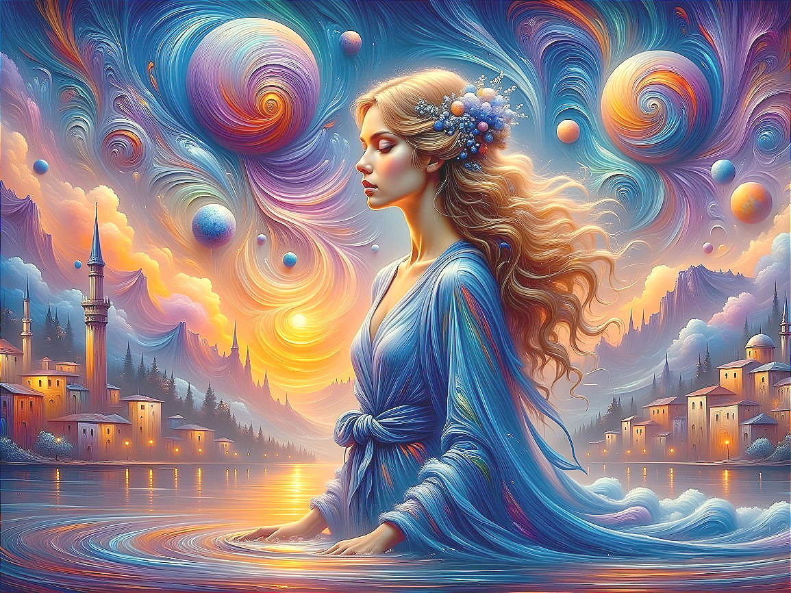 Ethereal Woman in Cosmic Water Landscape at Sunset