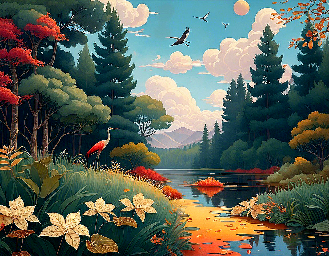 Tranquil River Landscape with Autumn Colors and Heron