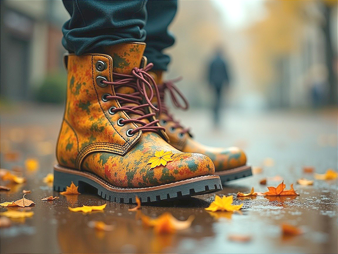 Vibrant Boots on Rain-Soaked Street with Autumn Leaves