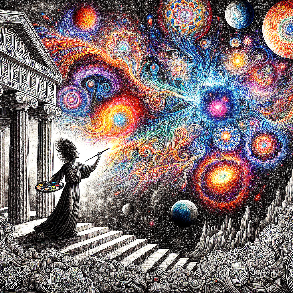 Mystical Scene with Cosmic Colors and Ancient Columns