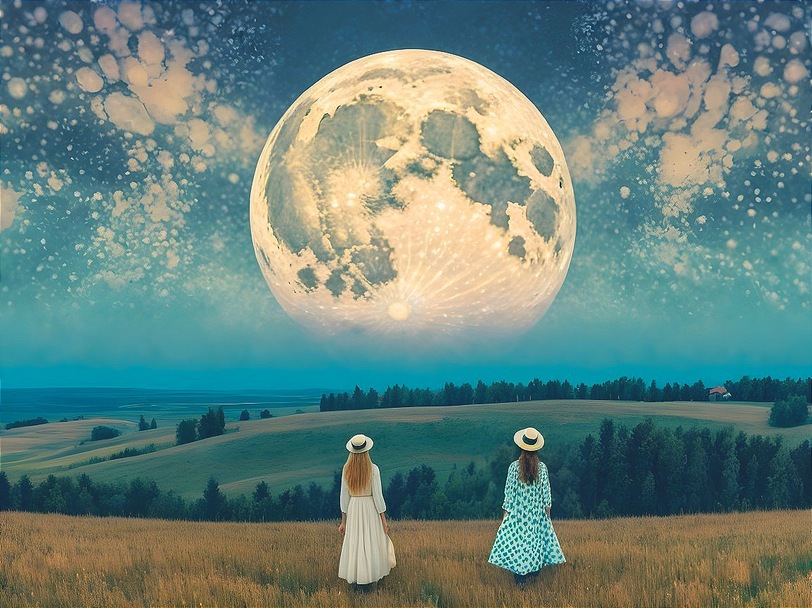 Women on Hillside Under Luminous Full Moon