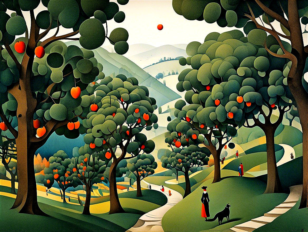 Serene landscape with rolling hills and stylized trees
