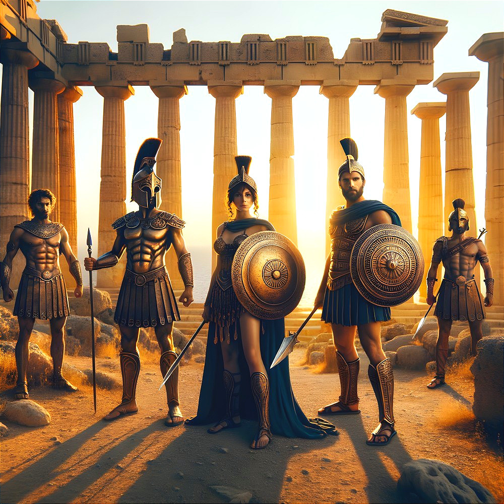 Ancient Warriors in Armor Amidst Ruins and Sunlight