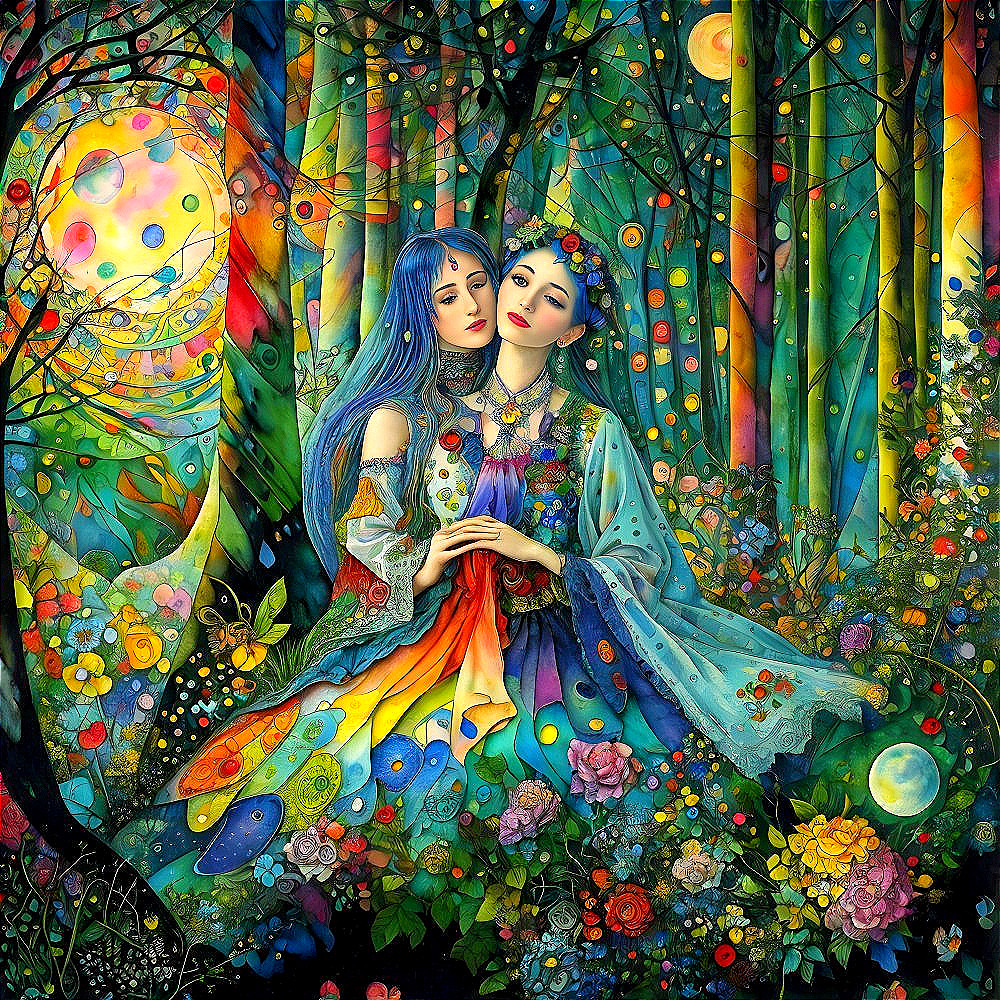 Vibrant forest scene with two women sporting blue hair