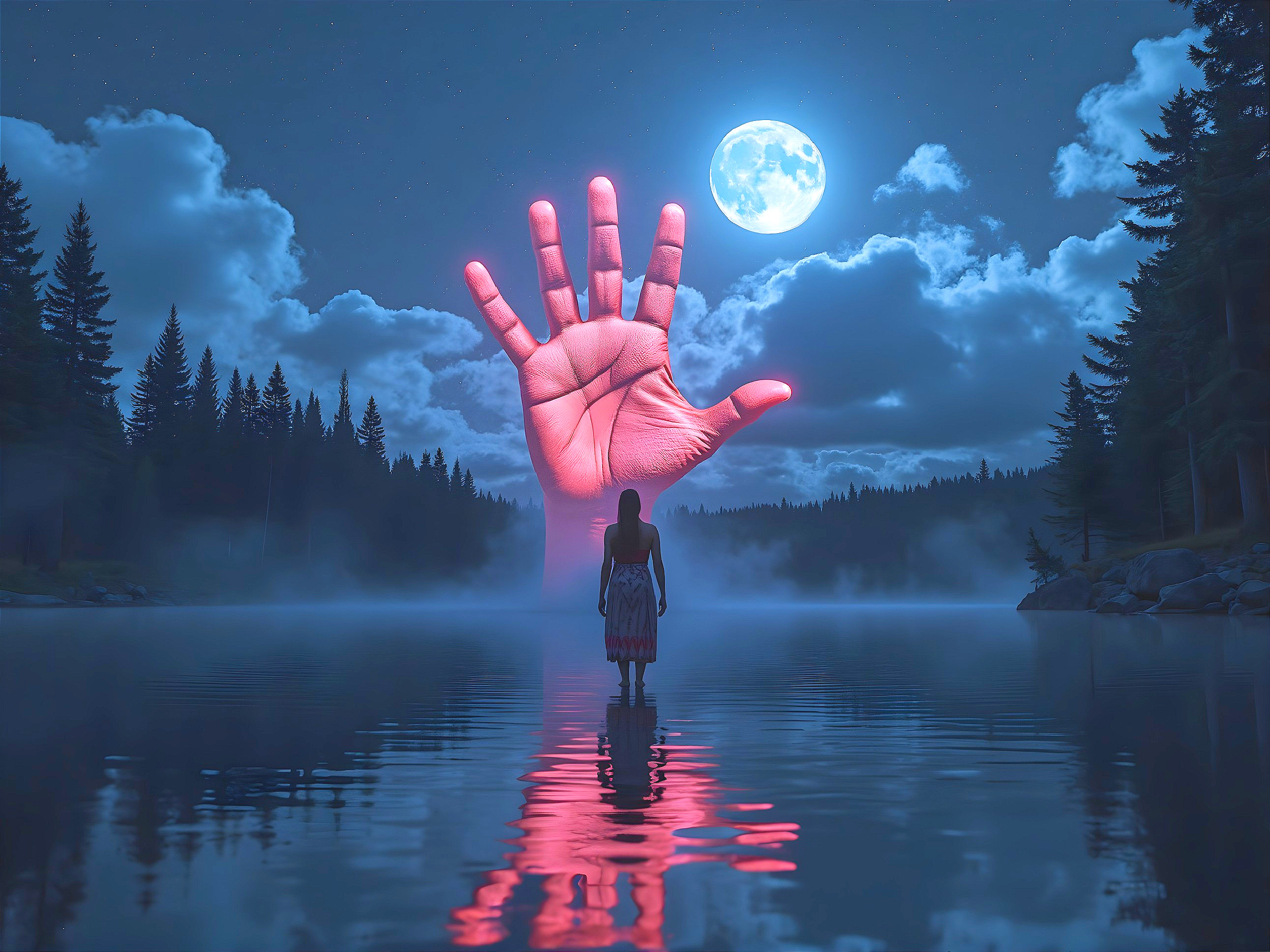 Moonlit Lake Scene with Luminous Hand and Figure