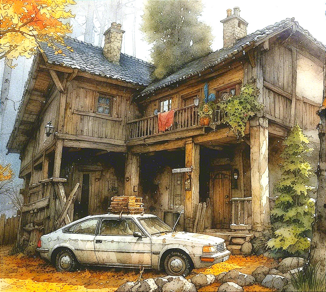 Rustic Wooden House Surrounded by Autumn Landscape