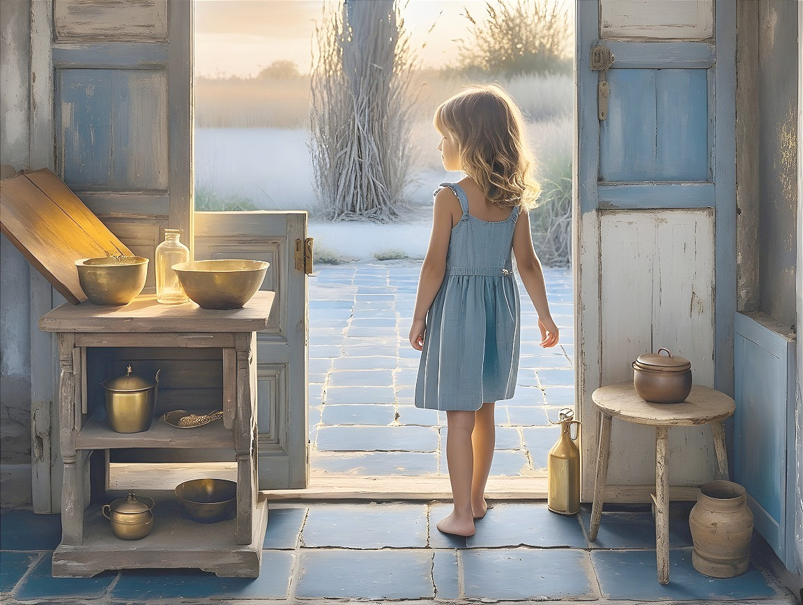 Young girl in doorway gazes at sunlit landscape