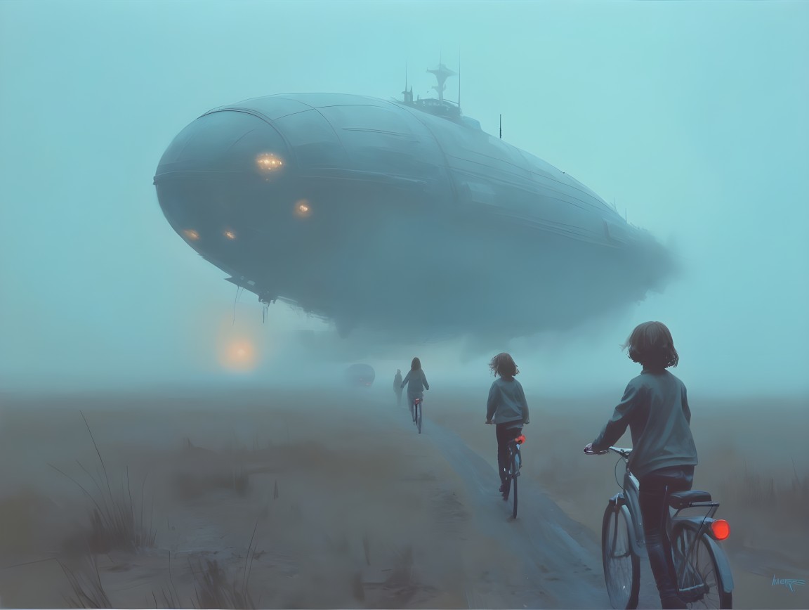 Children Biking in Fog Under Futuristic Airship