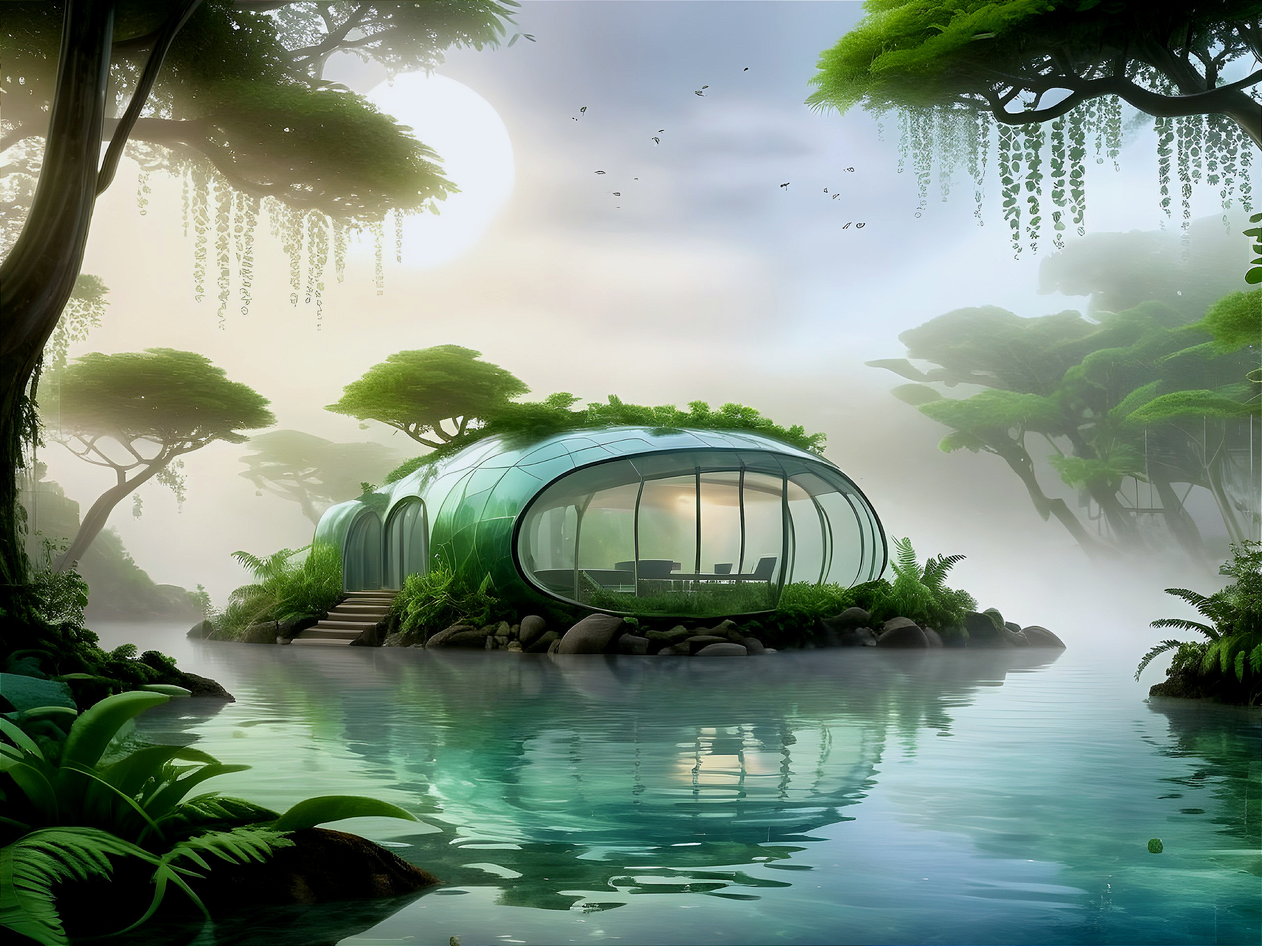 Futuristic Glass House on a Serene Island Retreat