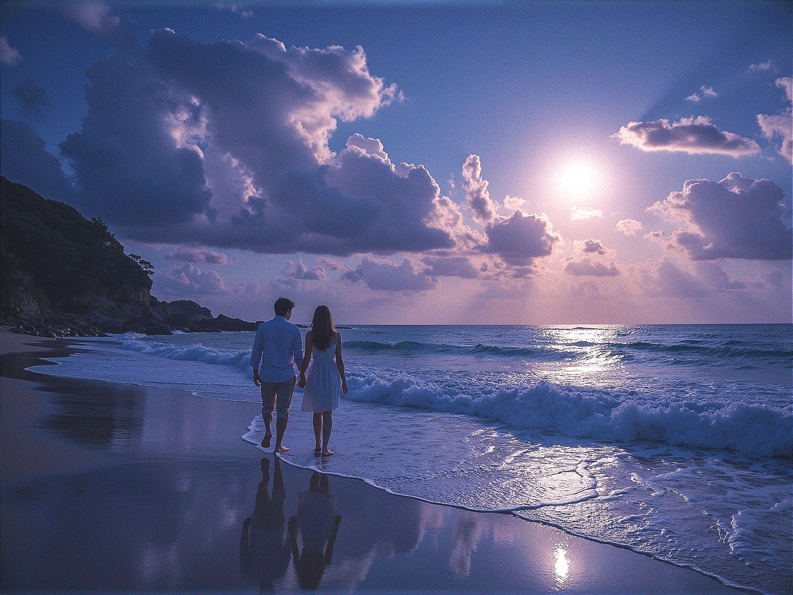 Couple Walking on Beach at Sunset with Soft Colors