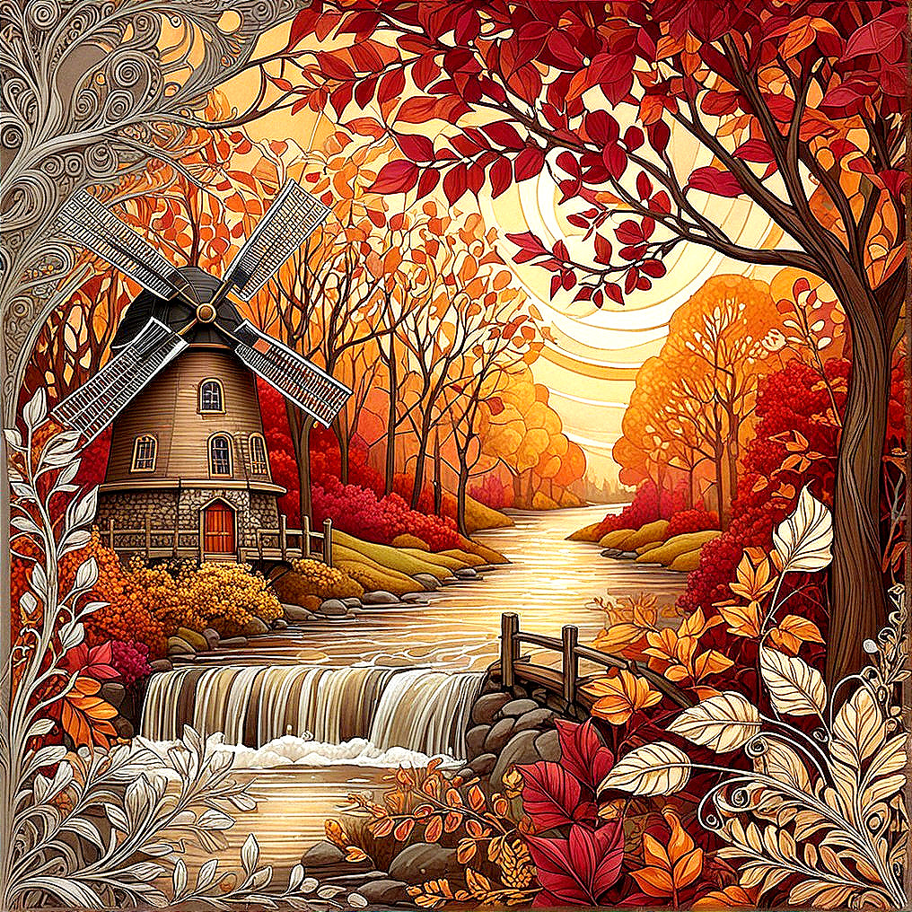 Serene Autumn Landscape with Windmill and River