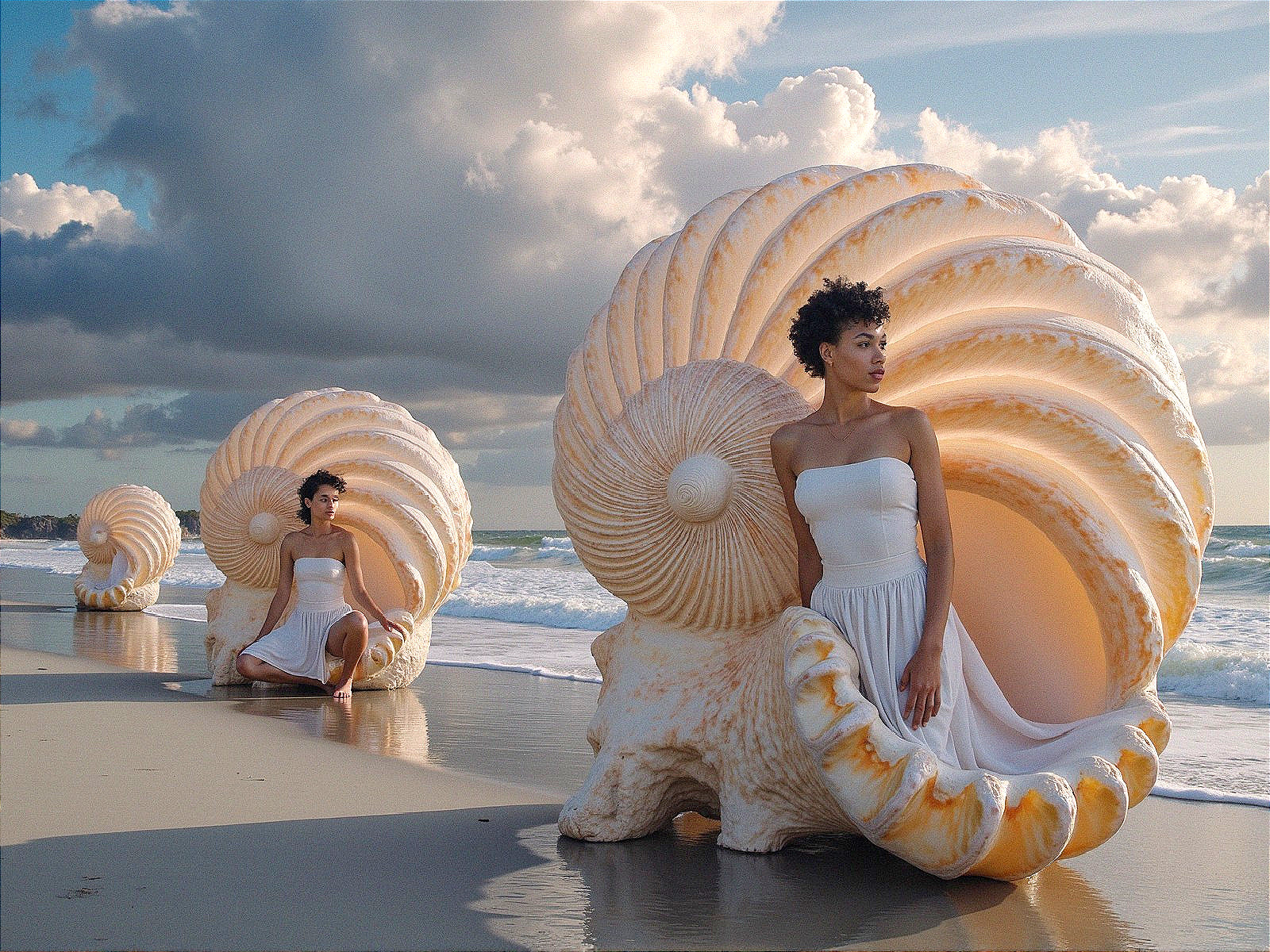 Women in Seashells on a Tranquil Beach Scene