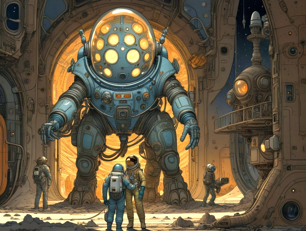 Astronauts and Vintage Robot in Metallic Chamber