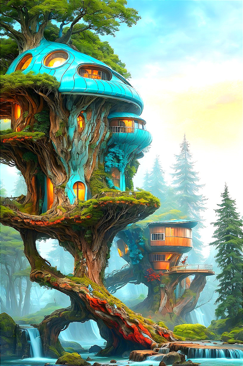 Whimsical Multi-Level Treehouse Complex in Nature