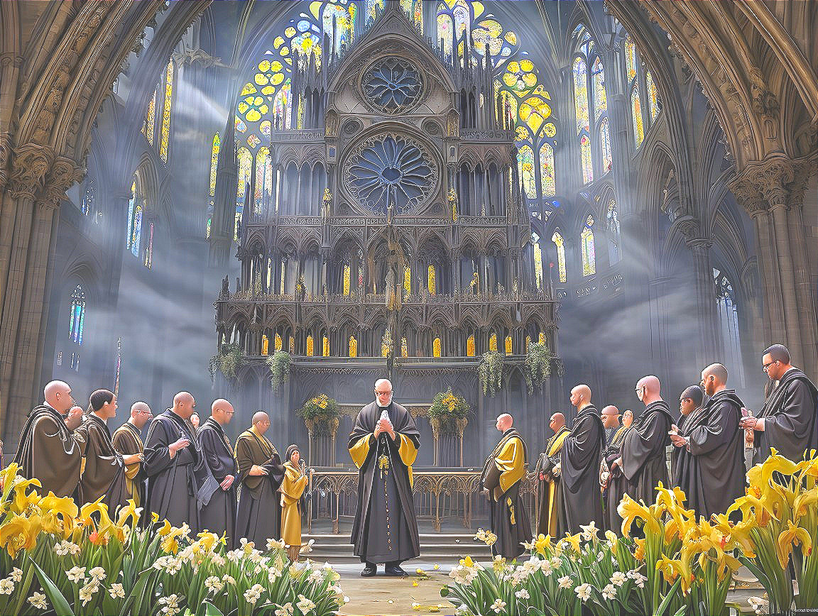 Monks in Reverent Circle in Cathedral Setting