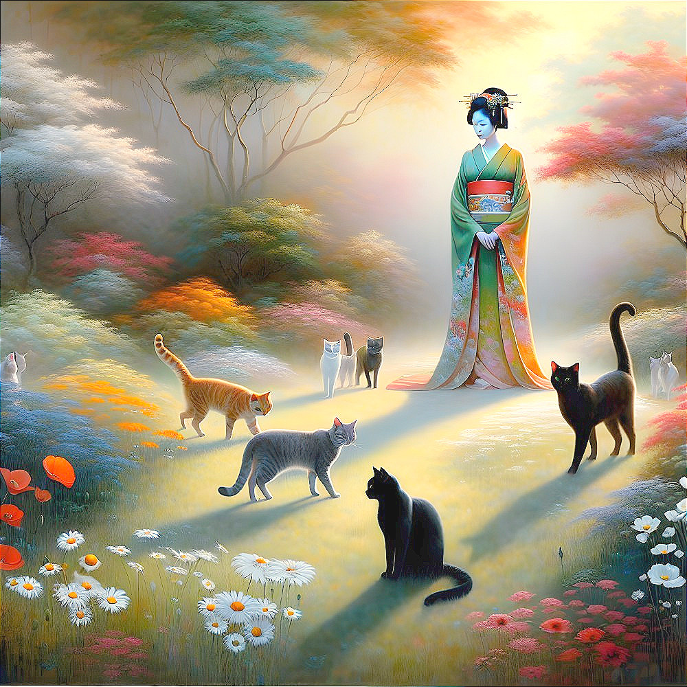 Woman in Kimono Surrounded by Colorful Cats and Flowers