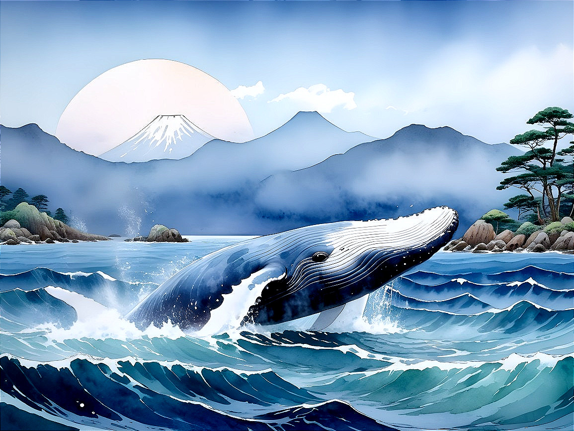 Whale Breaching in Vibrant Ocean with Mountain Backdrop