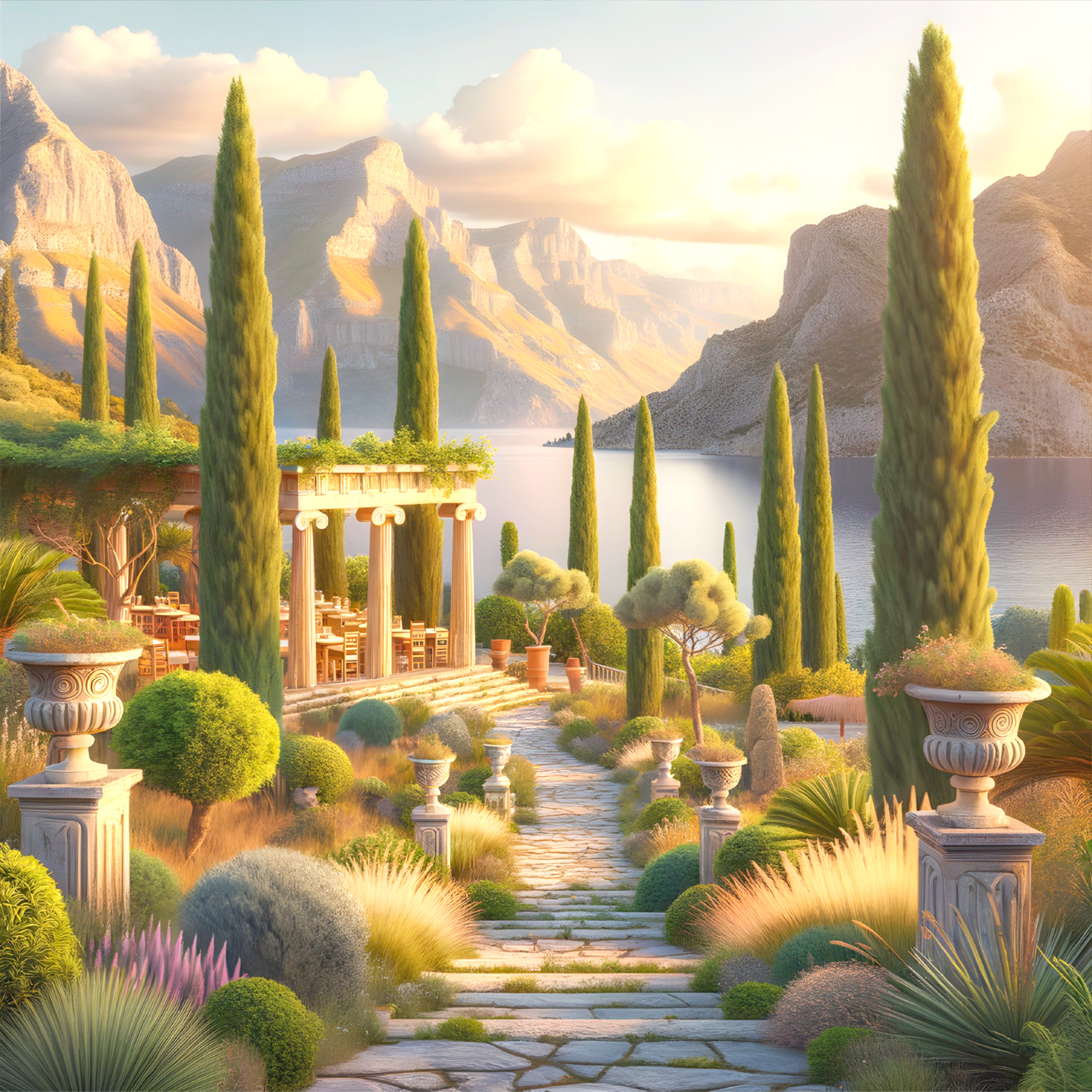 Serene Garden Pathway to Pavilion by Tranquil Lake