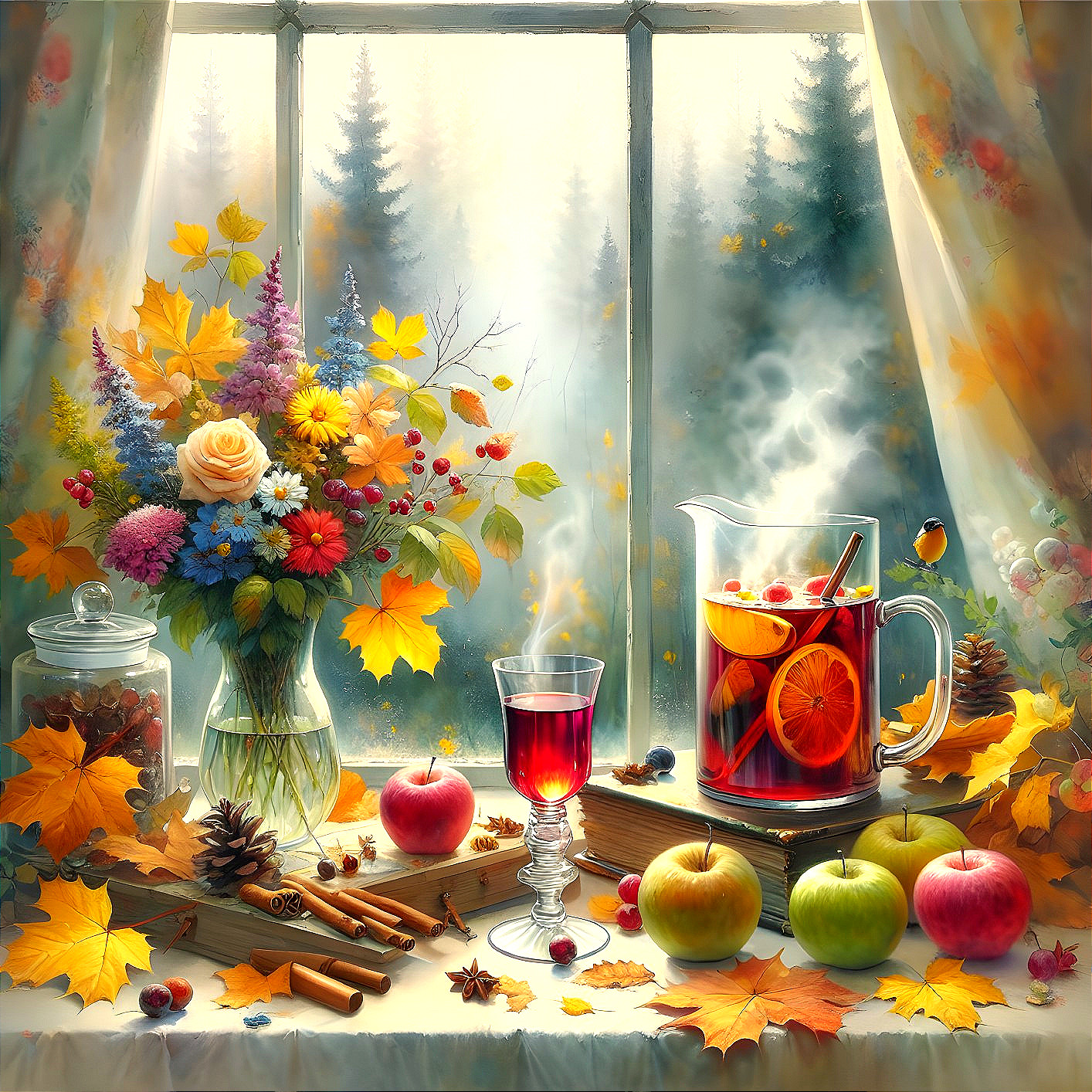 Autumn Scene with Forest View and Spiced Drink Setup