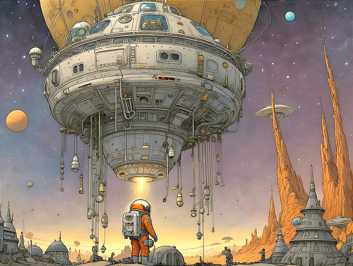 Futuristic Landscape with Astronaut and Hovering Spacecraft