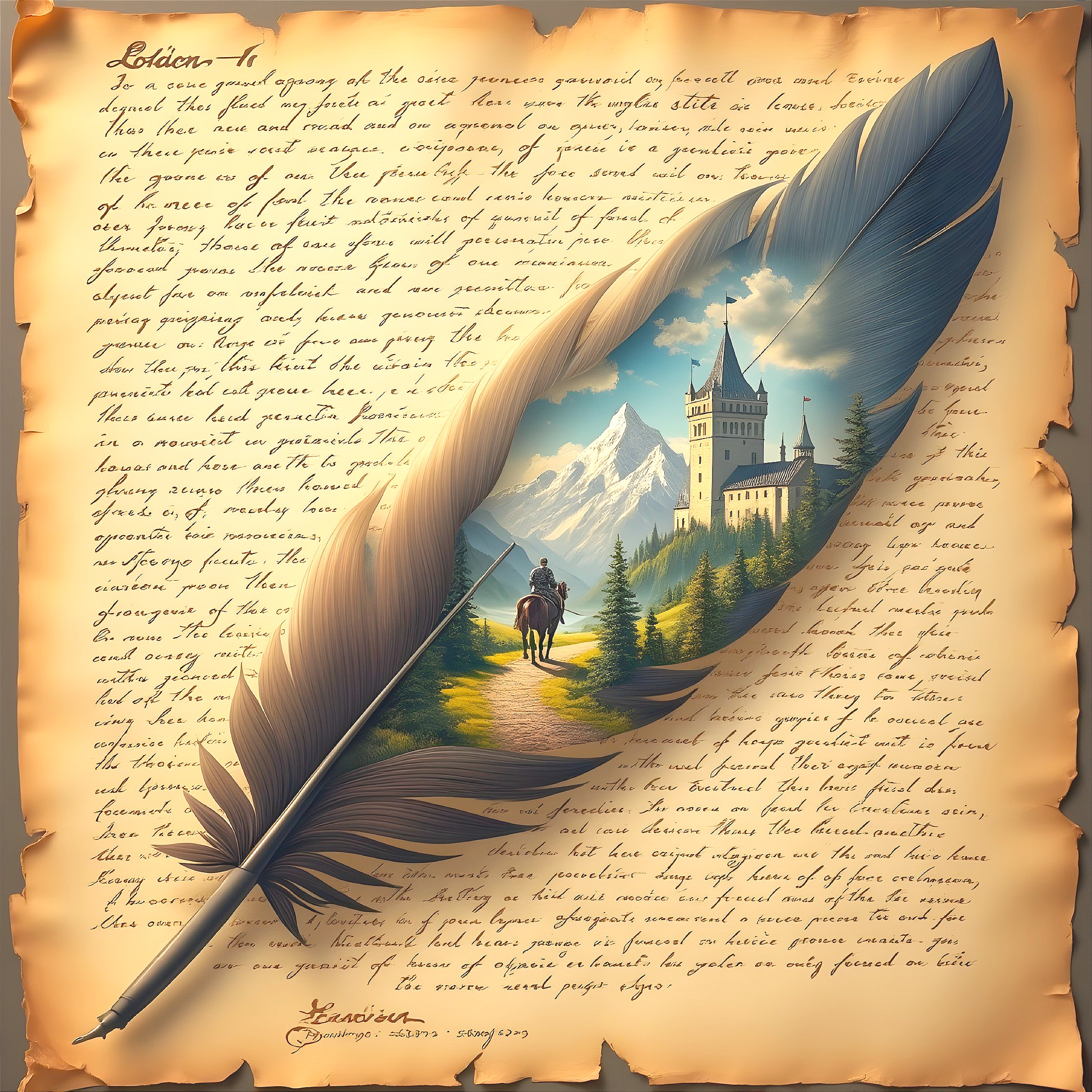 Intricate Feather Quill Framing Castle and Mountains