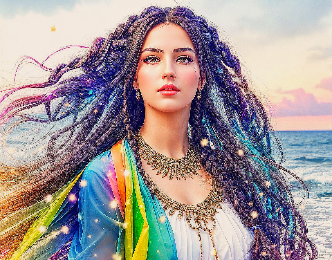 Stunning Woman in Multi-Colored Shawl at Beach