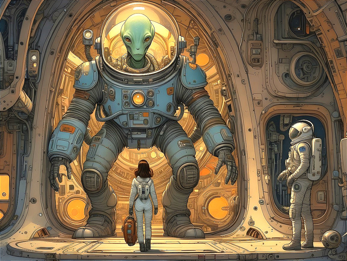 Futuristic Spaceship Interior with Alien and Astronauts