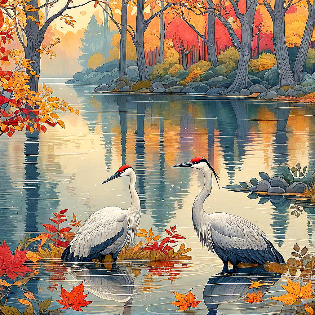 Serene Autumn Landscape with Cranes and River