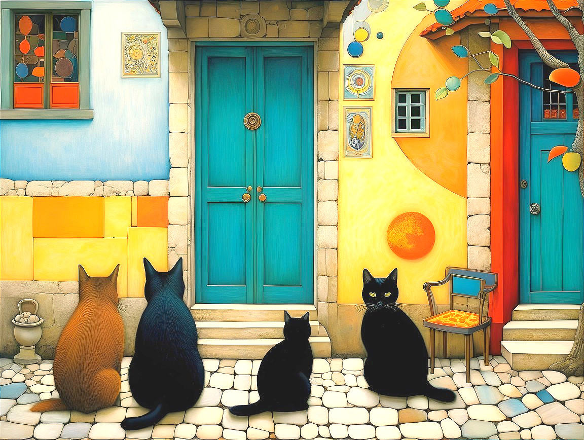 Cats on Cobblestone Path by Colorful Doorways