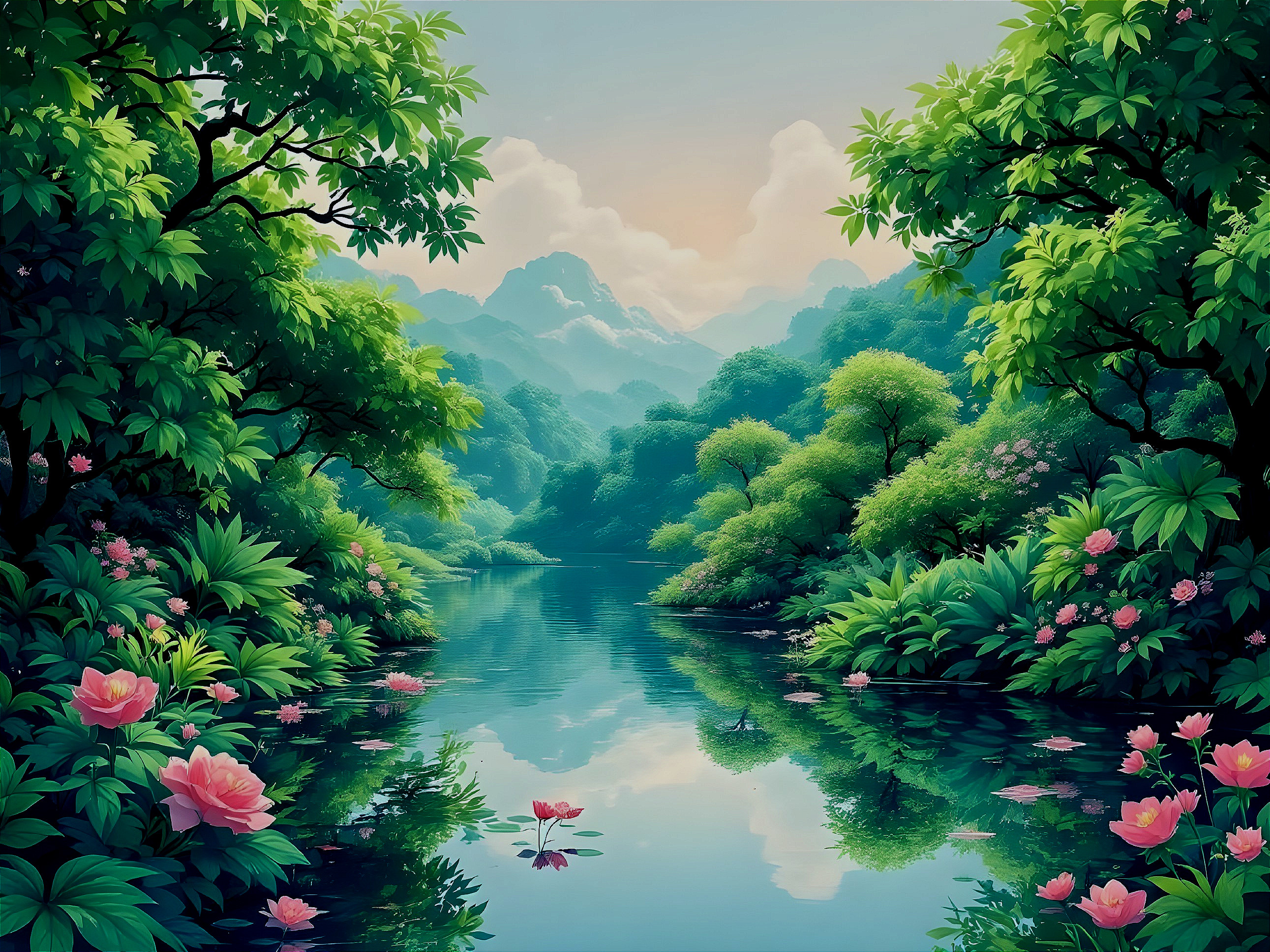 Tranquil River Landscape with Lush Greenery and Mountains