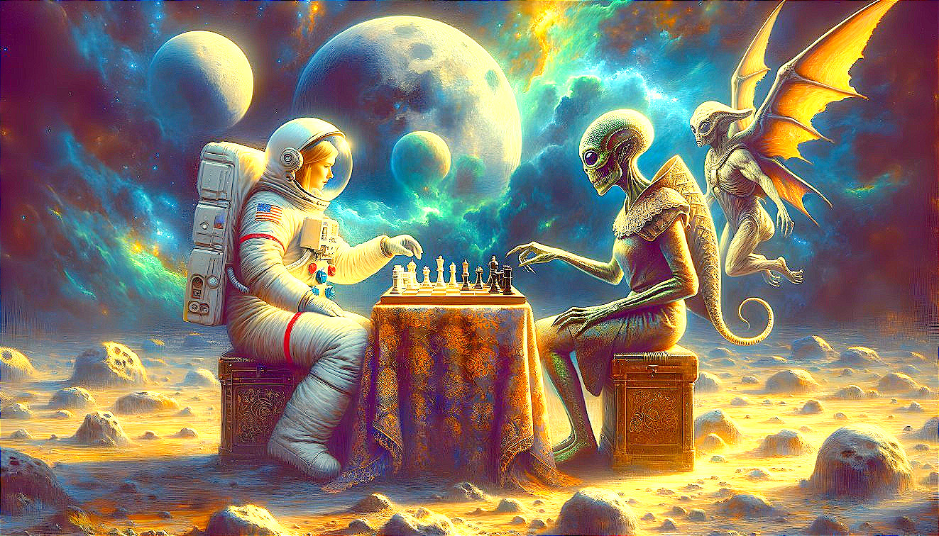 Cosmic Chess Match on Moonlit Terrain